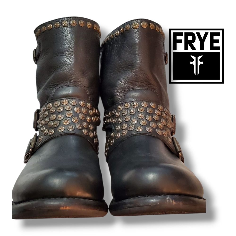 FRYE JENNA Black Leather Studded Ankle Moto Engineer Biker Boots Women's Size 10 - Picture 6 of 12